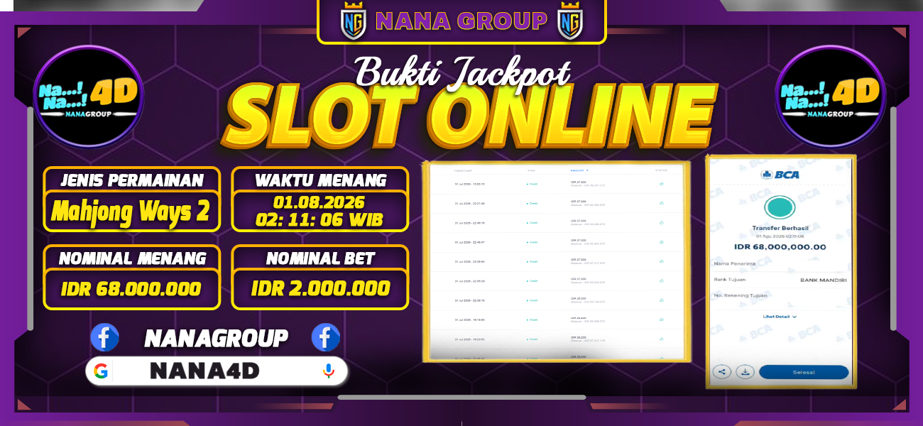 Bukti Kemenangan Besar Dibayar lunas Member NANA4D RP 68.000.000, 1 Agustus 2026