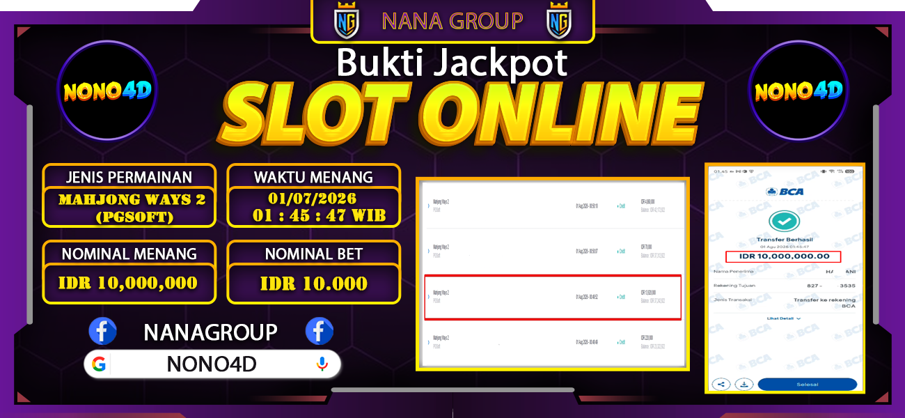 Bukti Kemenangan Besar Dibayar lunas Member NONO4D RP 10.000.000, 1 Agustus 2026
