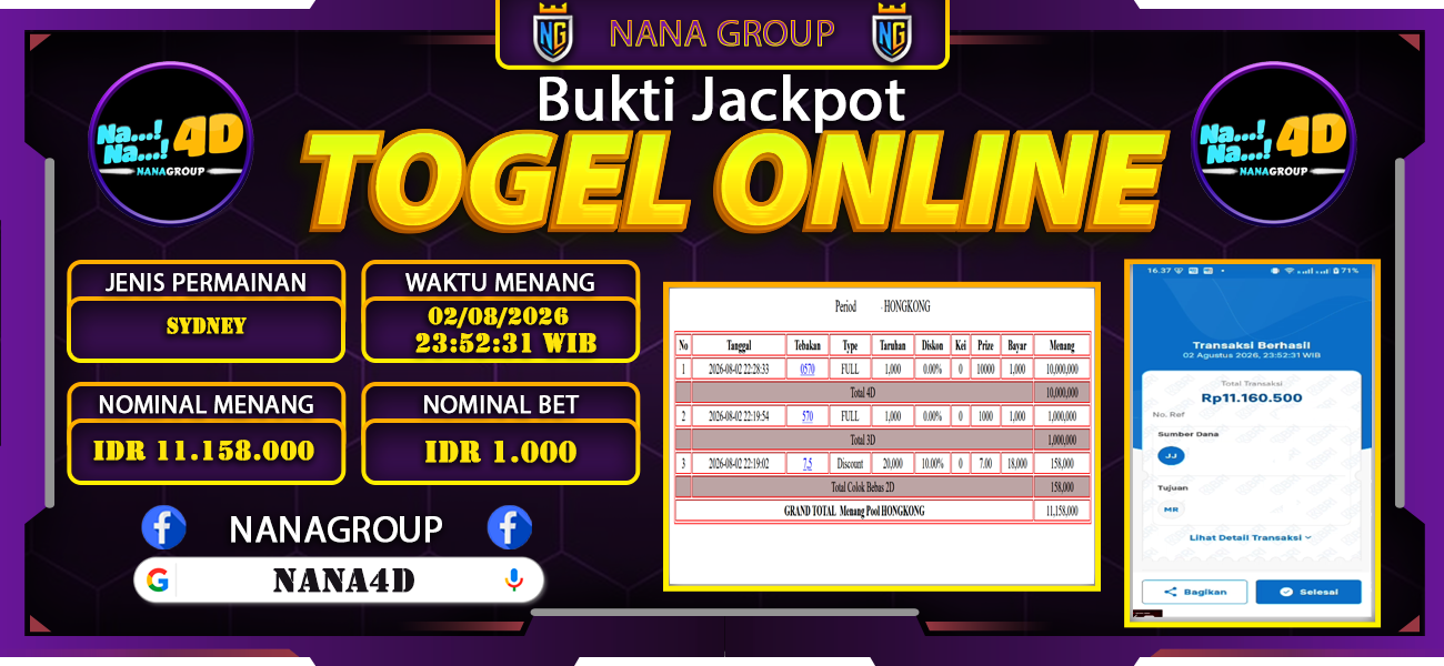 Bukti Kemenangan Besar Dibayar lunas Member NANA4D RP 11.158.000, 2 Agustus 2026