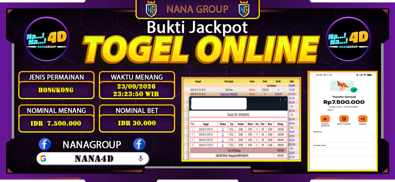 Bukti Kemenangan Besar Dibayar lunas Member NANA4D RP 7.500.000, 23 September 2026