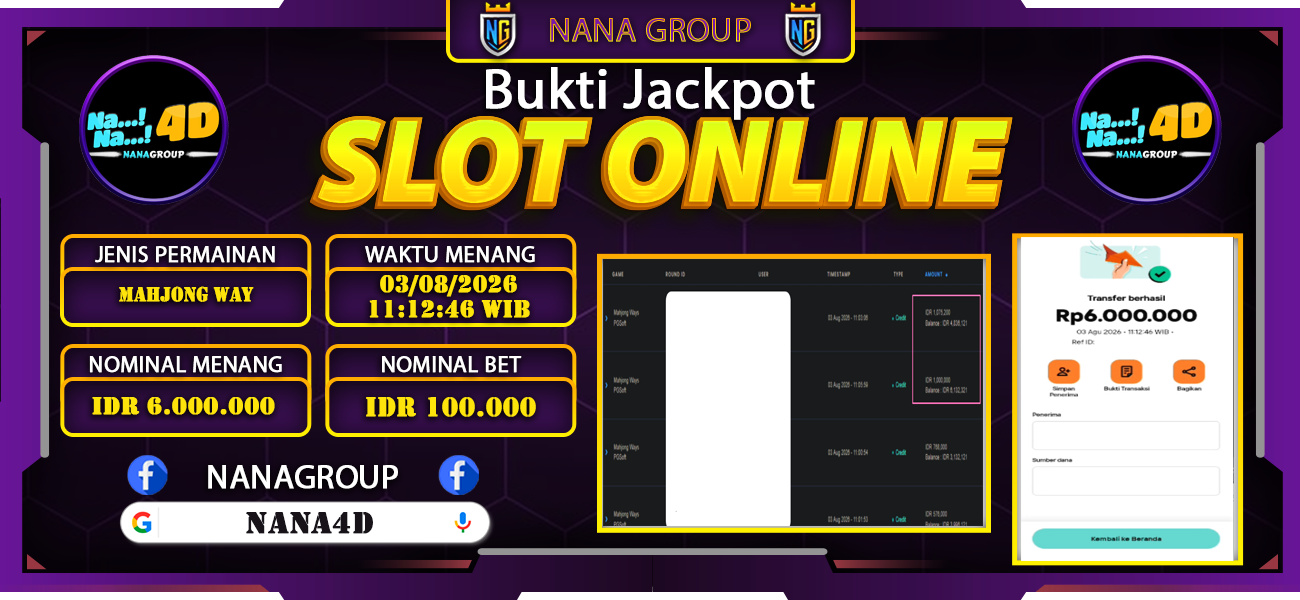 Bukti Kemenangan Besar Dibayar lunas Member NANA4D RP 6.000.000, 3 Agustus 2026