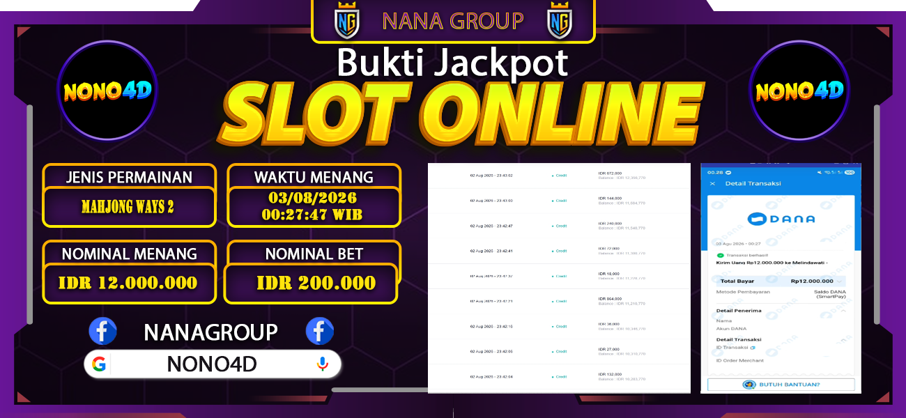 Bukti Kemenangan Besar Dibayar lunas Member NONO4D RP 12.000.000, 3 Agustus 2026