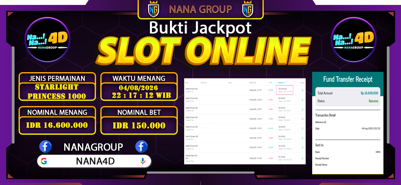 Bukti Kemenangan Besar Dibayar lunas Member NANA4D RP 16.600.000, 4 Agustus 2026